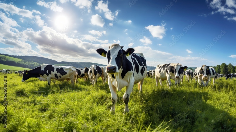 Livestock Farming: A herd of dairy cows grazing in a lush, green pasture. Livestock Farming: A herd of dairy cows grazing in a lush, green pasture.