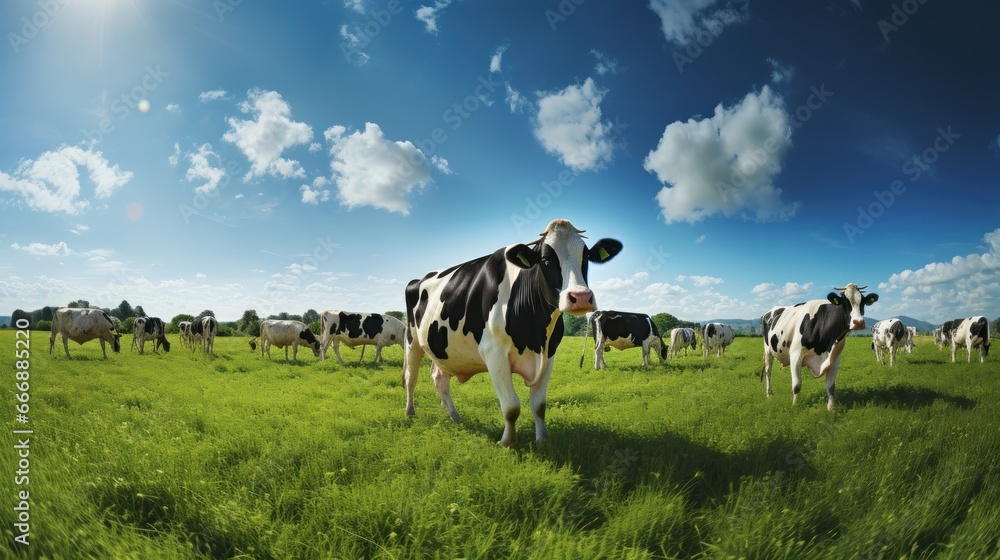 Fototapeta premium Livestock Farming: A herd of dairy cows grazing in a lush, green pasture.