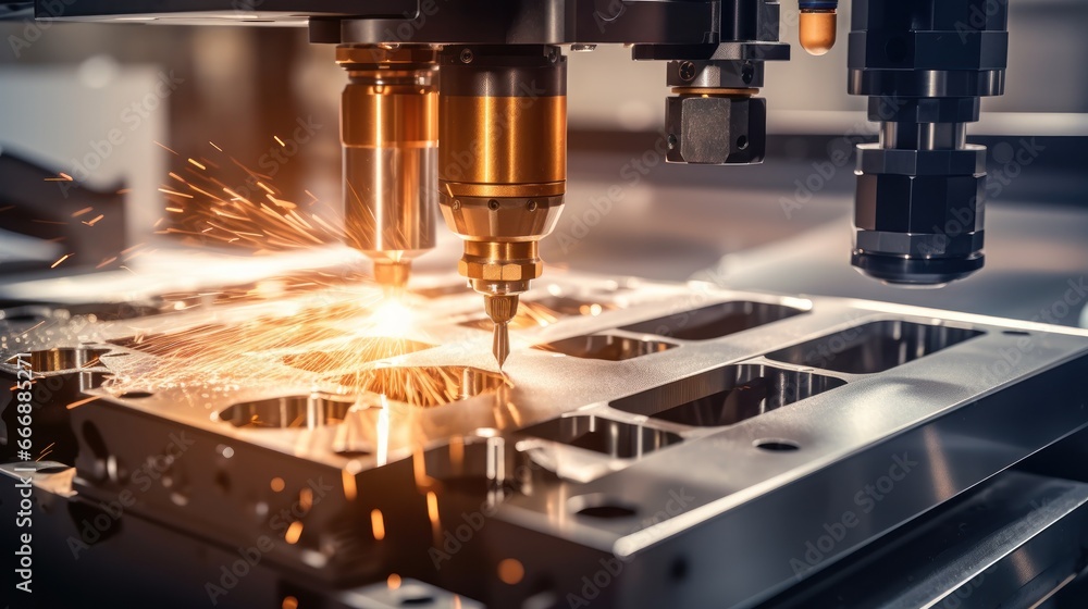 A CNC machine precisely carving a metal component. A factory floor with robotic arms assembling automobile parts.