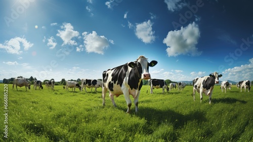 Livestock Farming: A herd of dairy cows grazing in a lush, green pasture. © Phoophinyo