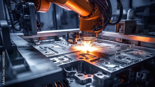 A CNC machine precisely carving a metal component. A factory floor with robotic arms assembling automobile parts.