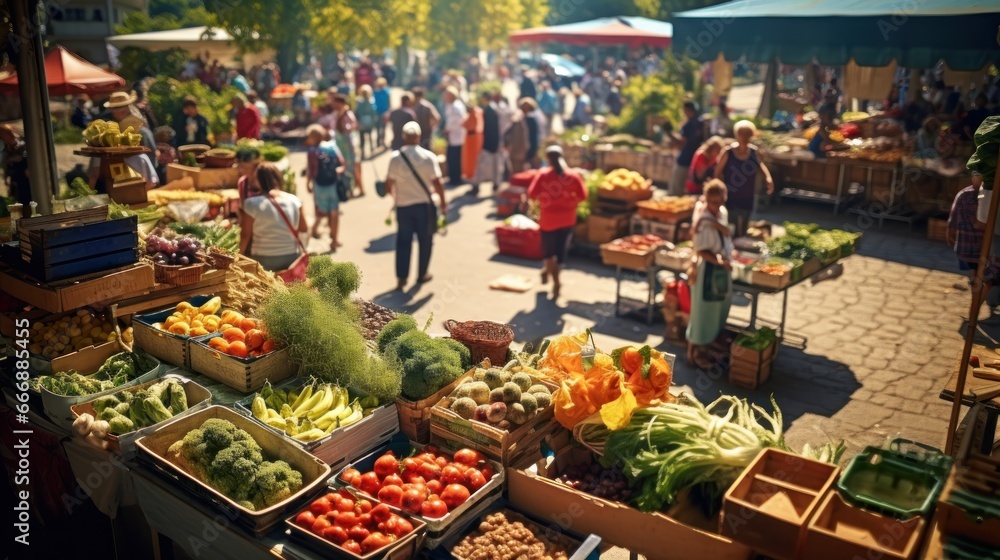 Farmers' Markets: A bustling farmers' market with colorful stalls filled with fresh produce and artisan goods. - obrazy, fototapety, plakaty 