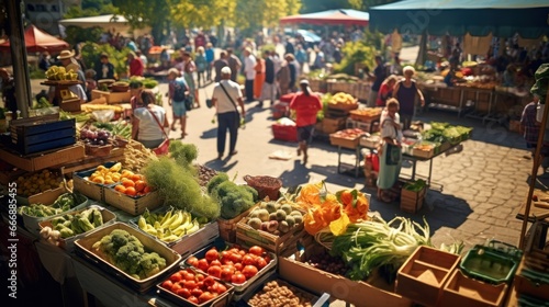 Farmers' Markets: A bustling farmers' market with colorful stalls filled with fresh produce and artisan goods. photo