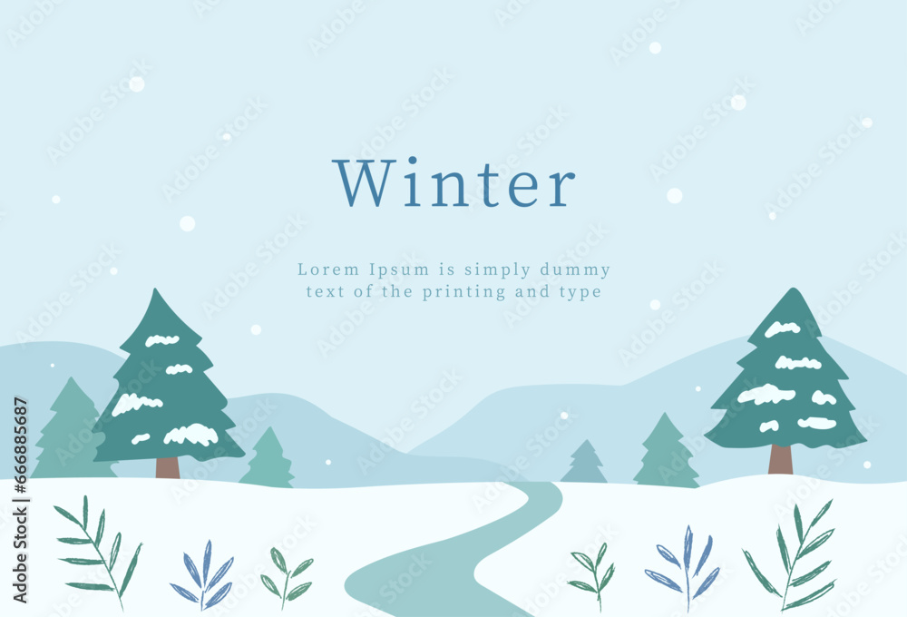 Winter template.Landscape with snow and tree for card,banner