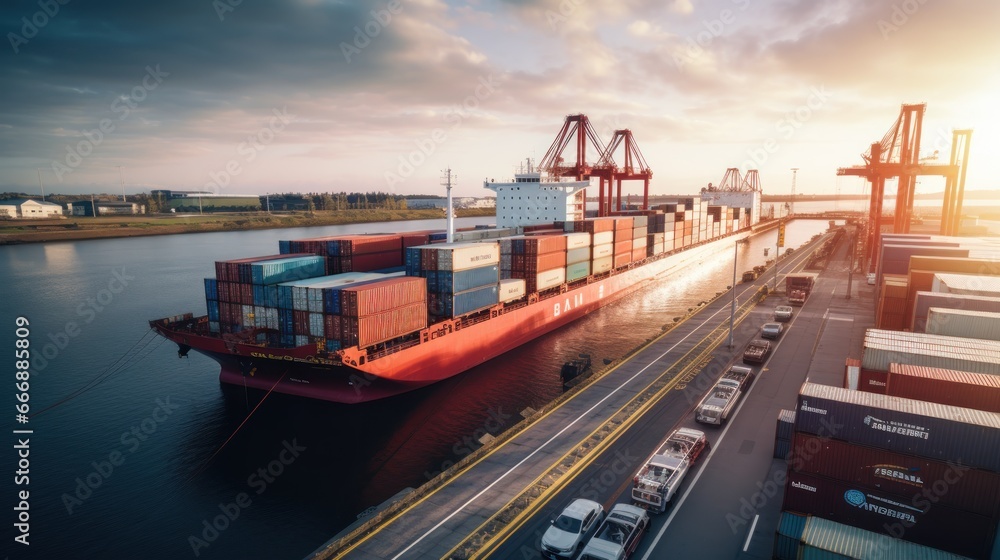 Fototapeta premium Transportation: A cargo ship docking at a bustling port, with containers stacked in the background.