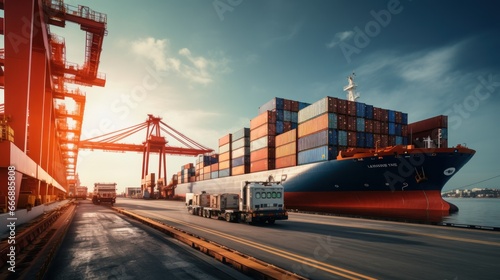 Transportation: A cargo ship docking at a bustling port, with containers stacked in the background.