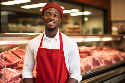 Young smiling black butcher standing at the meat counter
