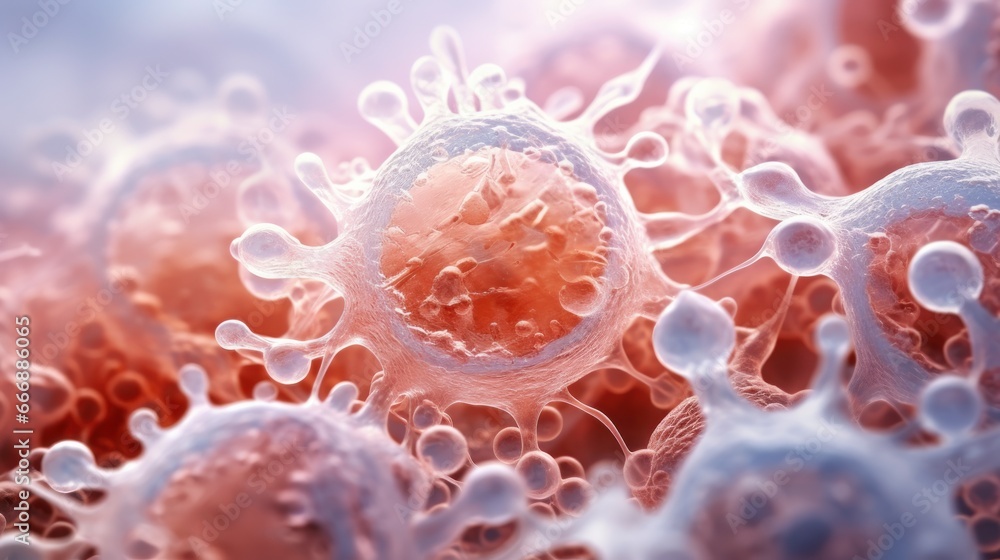 A close - up of a histology slide displaying cancer cells under a microscope. A close - up of a histology slide displaying cancer cells under a microscope.