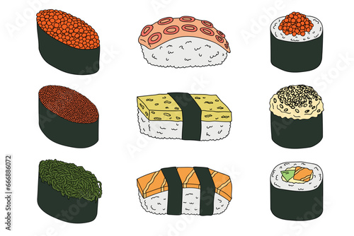 Hand drawn sushi roll clipart set. Japanese traditional cuisine dishes. Asian food