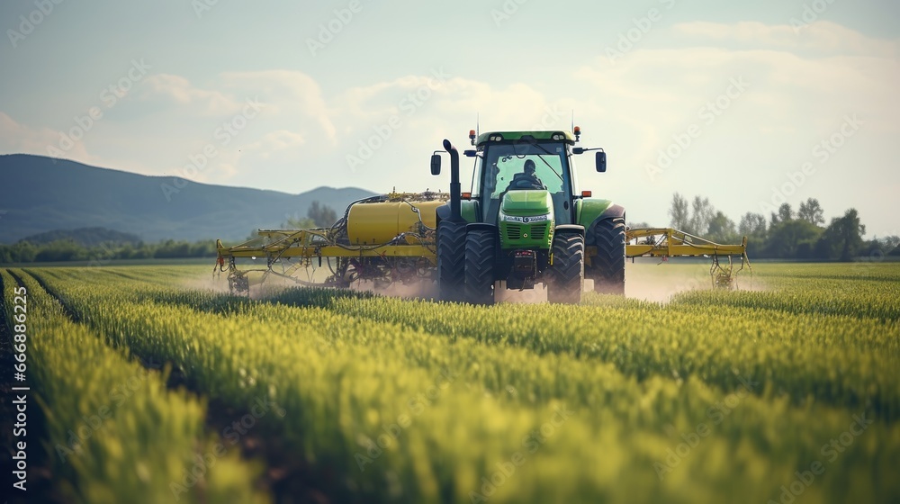 Agriculture: A drone image of a tractor spraying pesticides on a lush green orchard. A vast field of wheat ready for harvest, with a blue sky in the background. Agriculture: A drone image of a tractor spraying pesticides on a lush green orchard. A vast field of wheat ready for harvest, with a blue sky in the background.