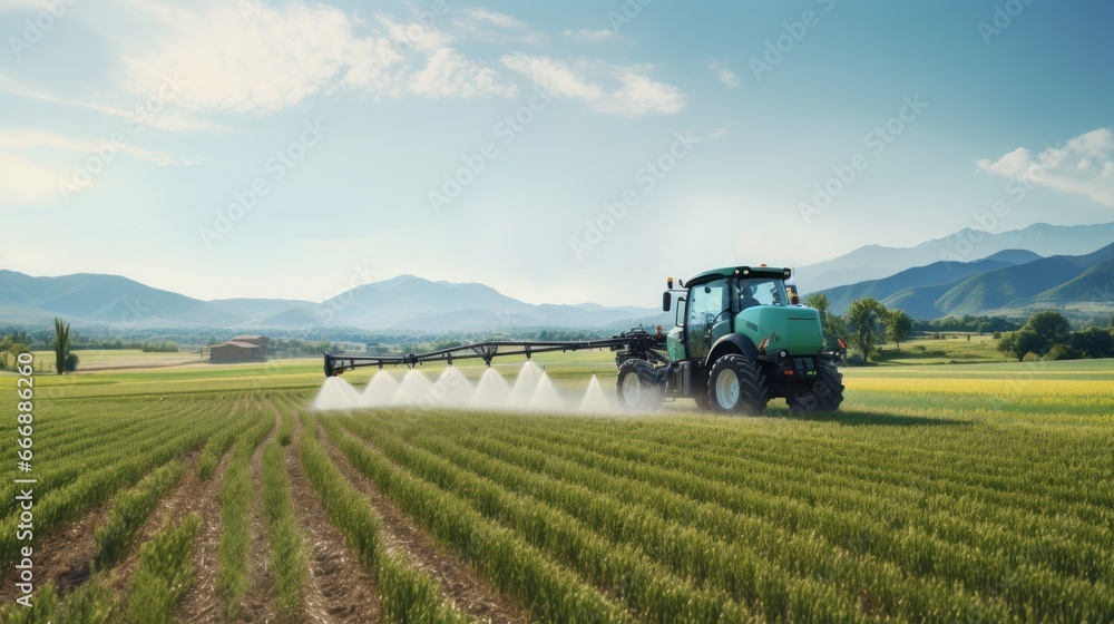 Fototapeta premium Agriculture: A drone image of a tractor spraying pesticides on a lush green orchard. A vast field of wheat ready for harvest, with a blue sky in the background.