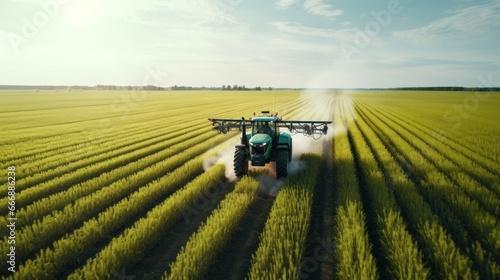 Agriculture: A drone image of a tractor spraying pesticides on a lush green orchard. A vast field of wheat ready for harvest, with a blue sky in the background.