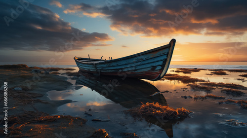 Boat resting at serene sunset beach.