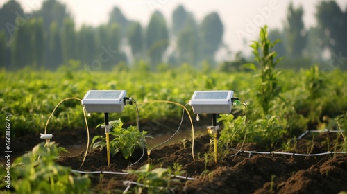 A smart irrigation system with sensors in the field and a control panel. Smart irrigation systems use sensors to monitor soil moisture levels and weather conditions. Biotechnology. photo