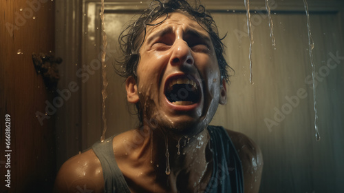 A man experiencing Intense emotion under pouring water.