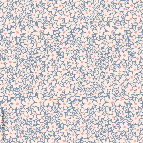 Line flowers blue on beige background vector seamless pattern. Design for decoration, wall decor, wallpaper, cover, banner, poster, card.