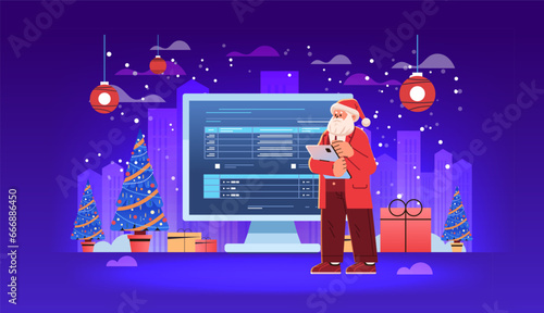 santa claus in red costume analyzing financial data on charts planning report market analysis accounting happy new year merry christmas holidays