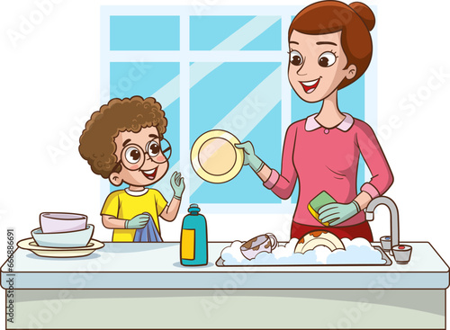 vector illustration happy cute little boy washing dish with mother.Happy little children doing housework and cleaning together