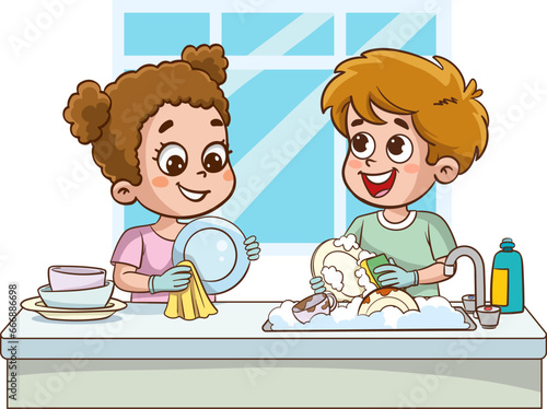 happy cute little boy and girl washing dish together.Happy little children doing housework and cleaning together
