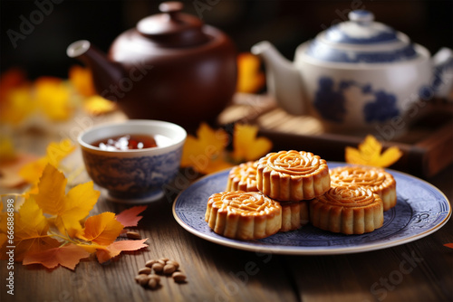 a plate of delicious traditional mooncakes photo