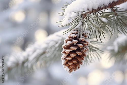 Snowy branch and cone of coniferous tree - winter detail from nature