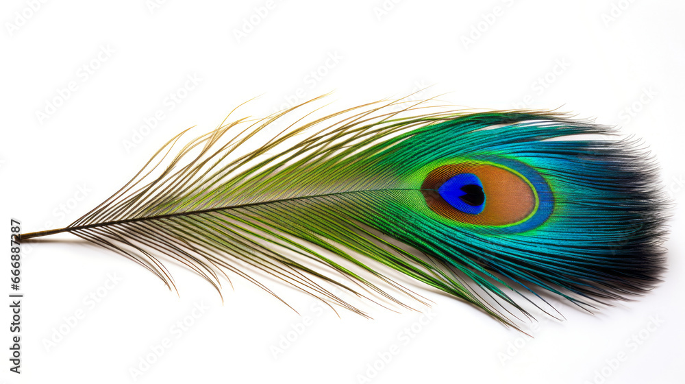 Fototapeta premium Colorful peacock feather on white background