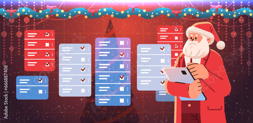 santa claus in red costume making complete tasks on checklist happy new year merry christmas holidays celebration concept