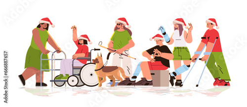 group of young disabled men and women in Christmas Santa Claus hats standing together feeling positive and confident people with disabilities