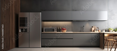 contemporary kitchen with gray walls dark tiled floor gray and wooden cabinets built in cooker and sink and large gray refrigerator