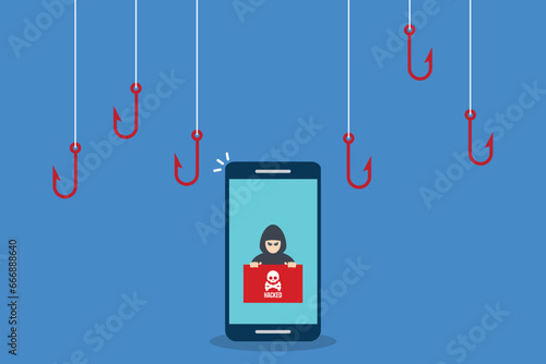 Hacker attack. Hackers and cybercriminals phishing, identity theft, user login, password, documents, email and credit card. Hacking and web security. Internet phishing concept. Vector illustration