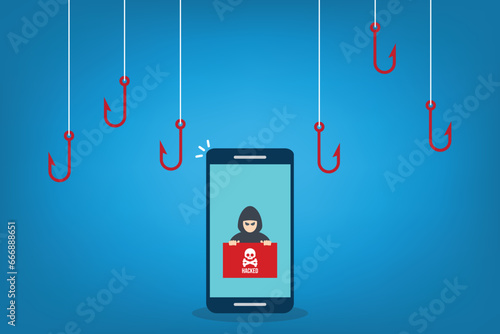 Hacker attack. Hackers and cybercriminals phishing, identity theft, user login, password, documents, email and credit card. Hacking and web security. Internet phishing concept. Vector illustration