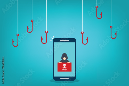 Hacker attack. Hackers and cybercriminals phishing, identity theft, user login, password, documents, email and credit card. Hacking and web security. Internet phishing concept. Vector illustration