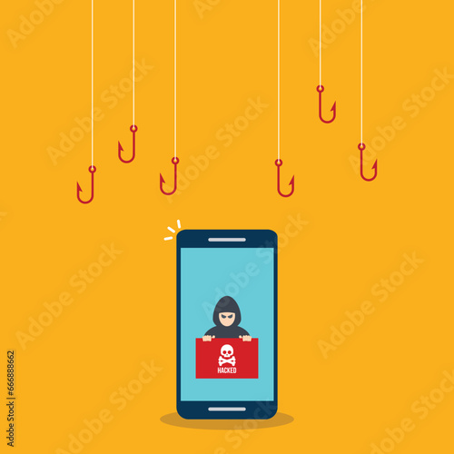 Hacker attack. Hackers and cybercriminals phishing, identity theft, user login, password, documents, email and credit card. Hacking and web security. Internet phishing concept. Vector illustration