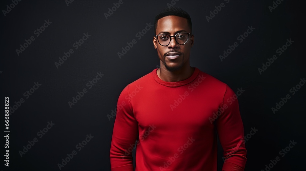Strong black smiling African man in a red sweater on a dark background on the day of the Black Friday sale.