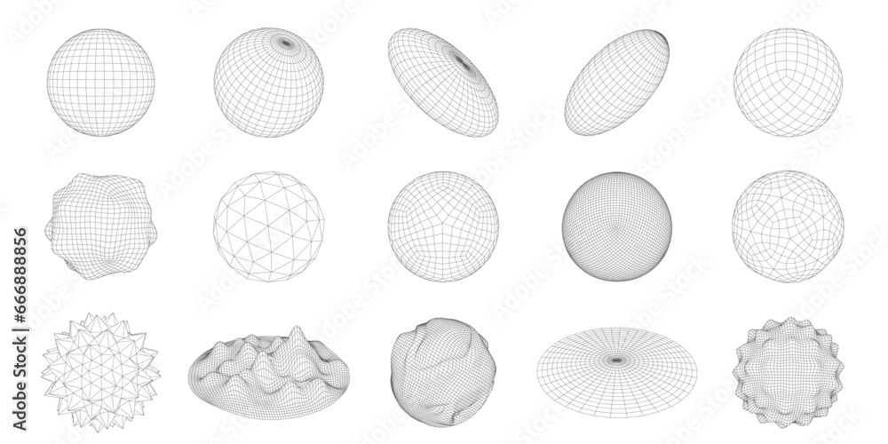 Naklejka premium Wireframe 3D circle grid shapes. Geometric sphere mesh, abstract round figures vector set with editable stroke paths