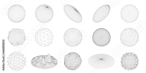 Wireframe 3D circle grid shapes. Geometric sphere mesh, abstract round figures vector set with editable stroke paths