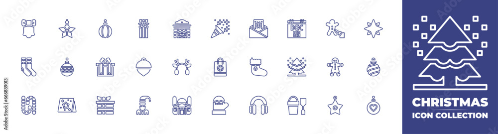 Christmas line icon collection. Editable stroke. Vector illustration. Containing bell, confetti, earmuffs, pine, mosque, sand bucket, star, socks, christmas, candy cane, mitten, christmas ball, bauble