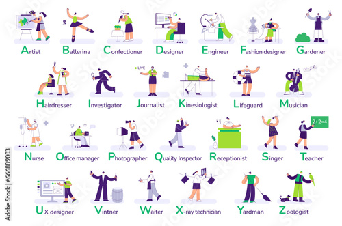 Professions alphabet. Job market  select a profession from list with alphabetical order. Different types of work and occupation search flat vector illustration