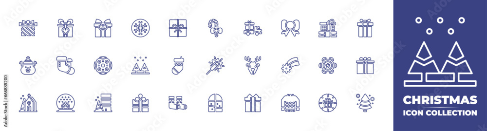 Christmas line icon collection. Editable stroke. Vector illustration. Containing gift, present, candy cane, socks, firework, snowglobe, tree, window, snowflake, bowtie, pickup truck, snowing, shooting