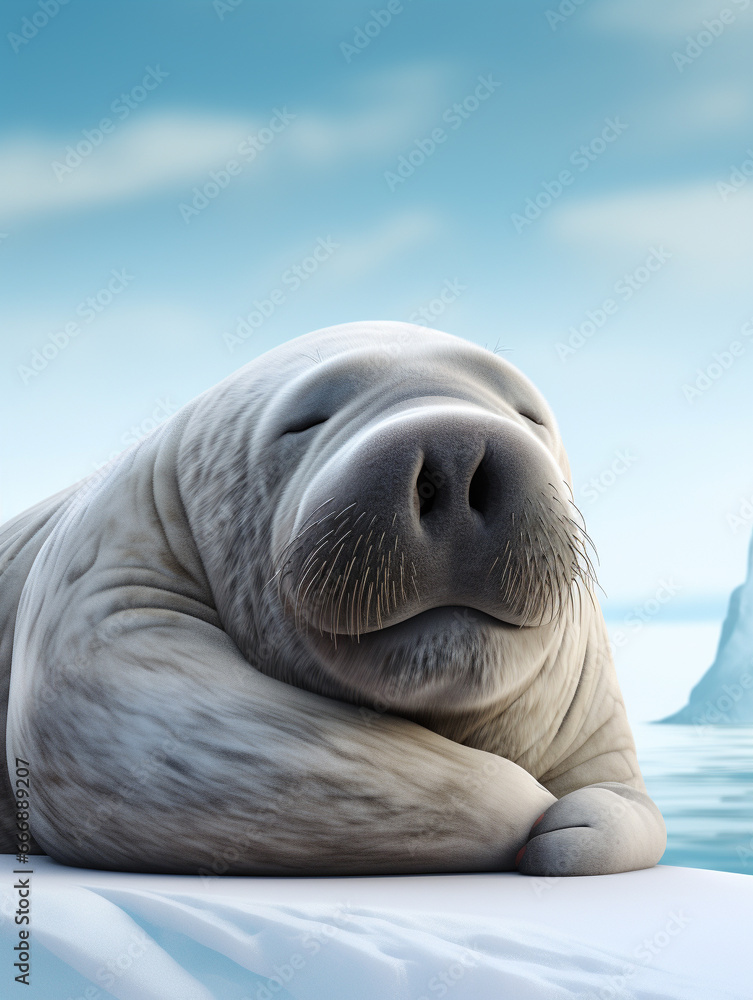 Naklejka premium A 3D Cartoon Walrus Sleeping Peacefully on a Solid Background