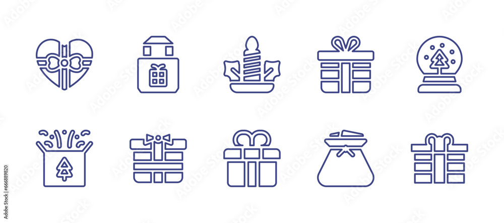Christmas line icon set. Editable stroke. Vector illustration. Containing christmas present, snow globe, gift, present, candle light, gift bag.