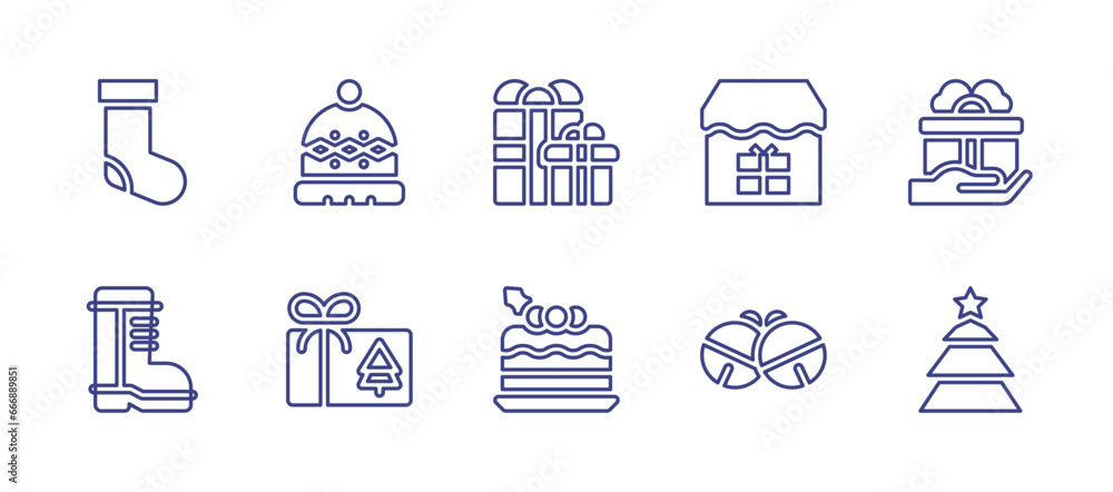 Christmas line icon set. Editable stroke. Vector illustration. Containing winter hat, christmas present, christmas tree, gifts, cake, sock, boot, gift shop, bells.