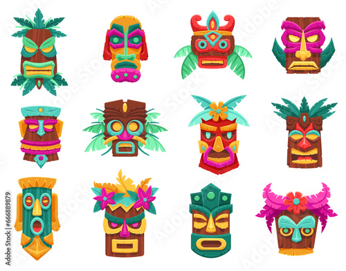Cartoon tiki masks. Hawaiian bamboo totems, ancient tropical wooden tribal statues and island gods sculptures vector set