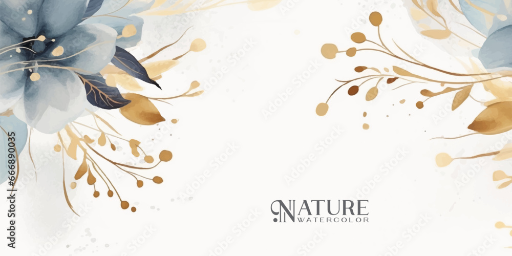 Winter background design with watercolor brush texture, Flower and botanical leaves watercolor hand drawing. Abstract art wallpaper design for wall arts, wedding and VIP invite card. - obrazy, fototapety, plakaty 