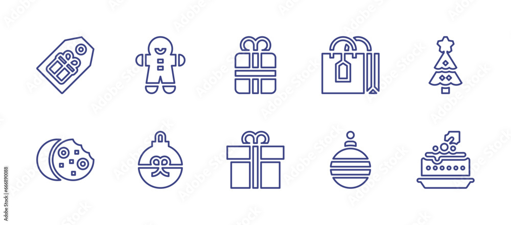 Christmas line icon set. Editable stroke. Vector illustration. Containing gingerbread, bauble, shopping bag, christmas ball, christmas tree, christmas dessert, gift, gift box, cookie.
