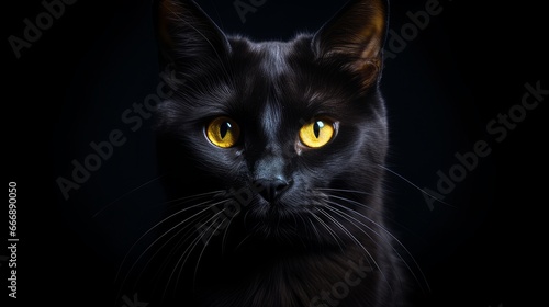 Black beautiful cute cat on a dark background on the day of Black Friday