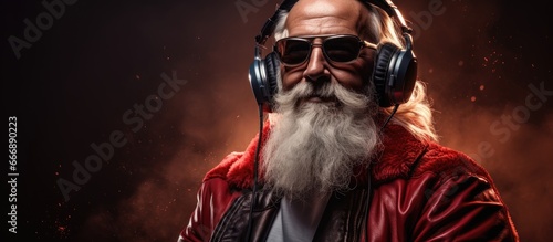 Santa Claus is enjoying music with headphones
