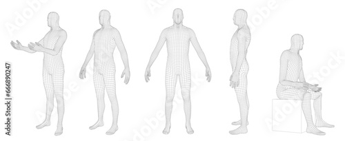 Wireframe human body. Polygonal 3D mesh male character, man dummy hologram grid and virtual reality cyber human model. Vector set with editable stroke paths