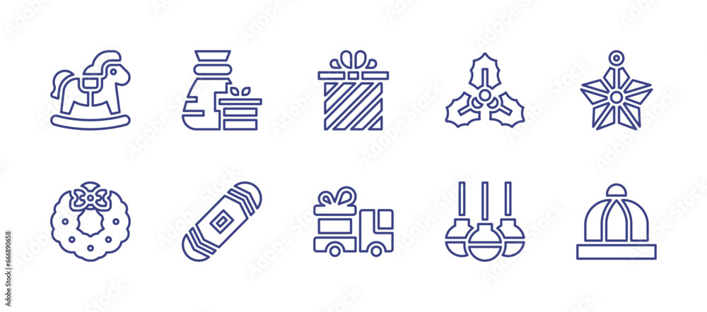 Christmas line icon set. Editable stroke. Vector illustration. Containing star, baby hat, mistletoe, baubles, rocking horse, wreath, gift box, gift, santa, snowboard.