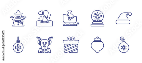 Christmas line icon set. Editable stroke. Vector illustration. Containing santa claus, christmas ball, snow ball, bauble, snowman, ball, sled, gift, snowboard, reindeer.